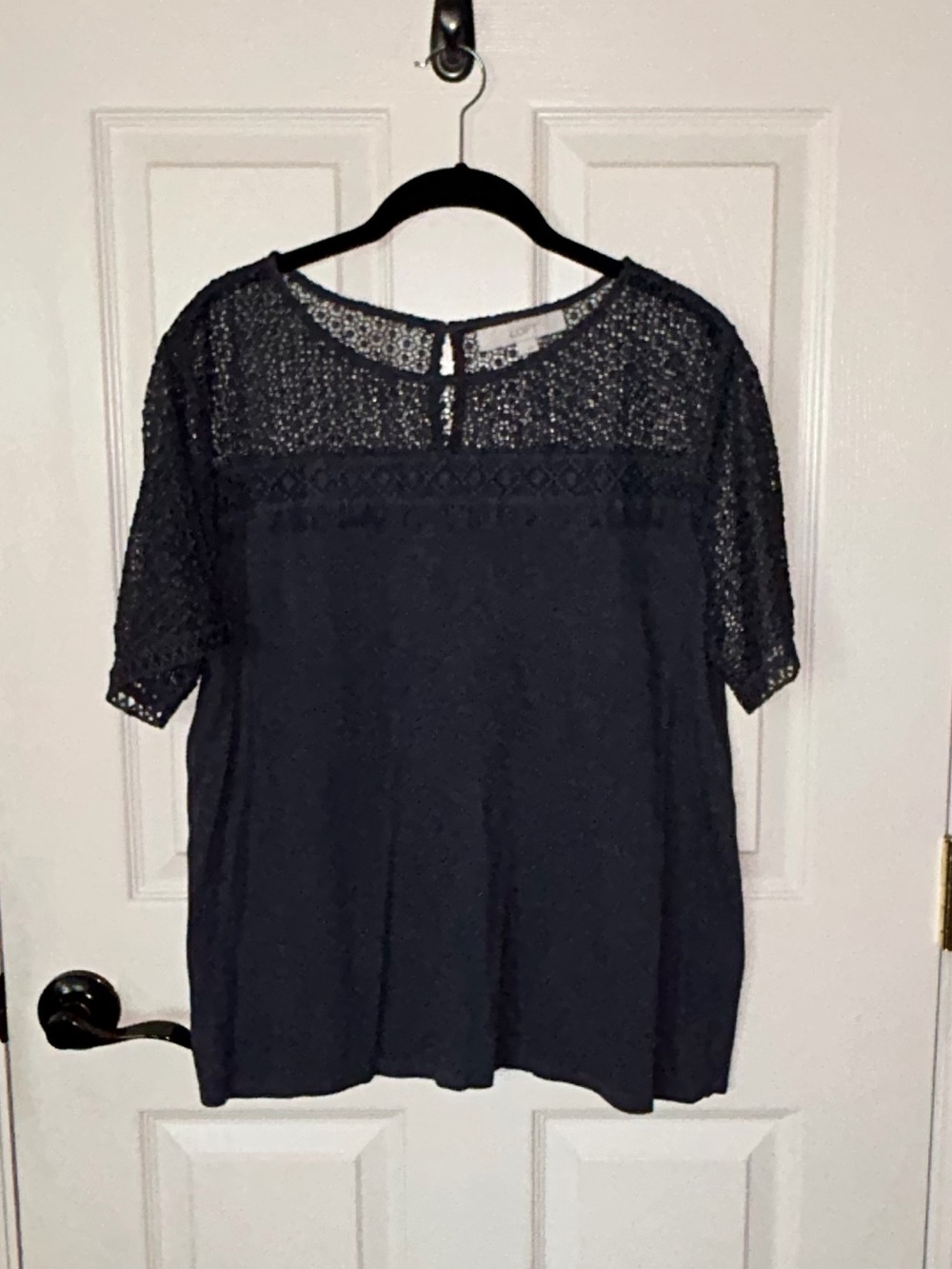 LOFT Slate Blue Lace Yoke Boho Short Sleeve Top